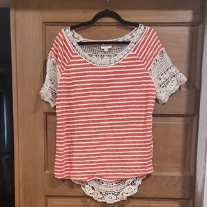 Umgee Red and White Striped Blouse with Lace Sleeves